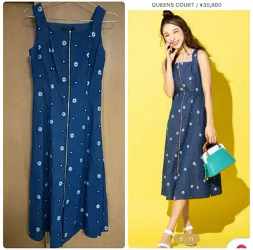 퀸즈 코트 데님 꽃무늬 자수 원피스