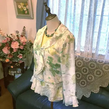 플라워 프린트 더블 프릴 칼라 페플럼 프릴 소매 자켓