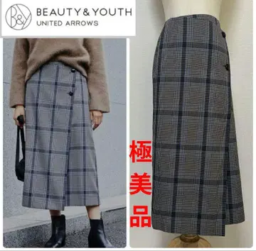 컨디션 최상 BEAUTY&YOUTH 체크 랩 버튼 스커트
