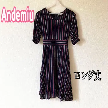 Andemiu 롱 원피스 스트라이프 플레어 A 라인 네이비