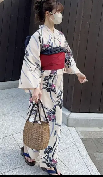꽃무늬 유카타 세트 빨검 오비 포함