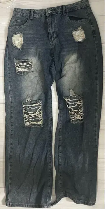 데미지 가공 와이드 레그 데님 팬츠 셀프 가공