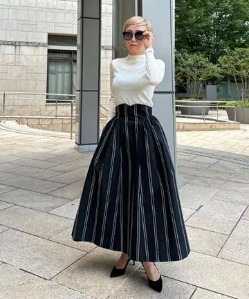 JENNE 사이드 개더 스커트 스트라이프 블랙 M