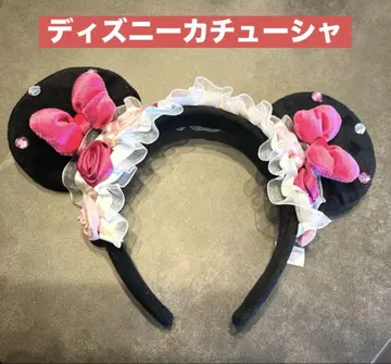 미키 귀 머리띠 블랙과 핑크 리본 프릴