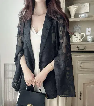 Meiru 시어 자카드 슬릿 슬리브 테일러드 자켓