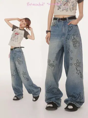 와이드 실루엣 그래픽 올 패턴 데님 팬츠 여성용 y2k