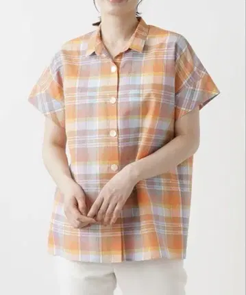 레리안 화이트 라벨 체크 블라우스 면 린넨 오렌지 계열 사이즈 13+
