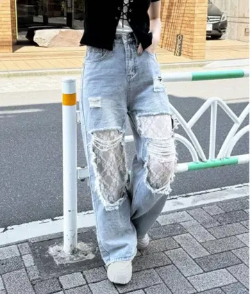 레이스 데미지 데님 팬츠