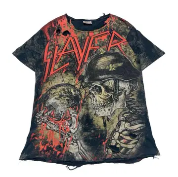 00s SLAYER 누더기 데미지 밴딩 티셔츠 전체 프린트 스컬