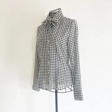 로트레아몽 보타이 블라우스 M 흑백 하운드투스 체크 리본 일본제 고급