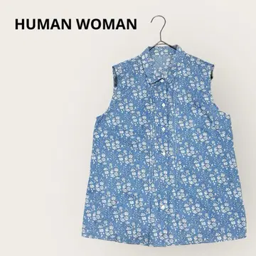 휴먼 우먼 총 꽃무늬 슬리브리스 셔츠 블라우스 카라 부착 여름 코튼