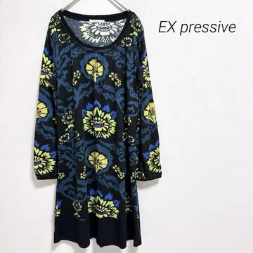 EX pressive 긴팔 튜닉 플라워 디자인 화려한 롱 기장 고급스러운