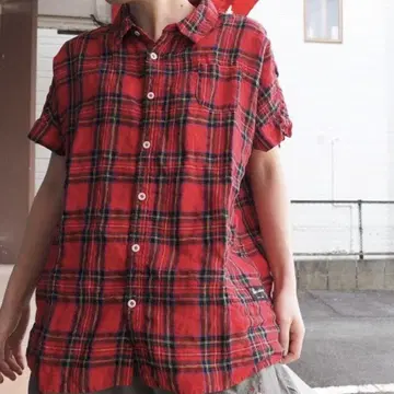 카이세이도 린넨 타탄 체크 빨간색 블라우스 셔츠