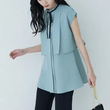 슬리브리스 블라우스 탑 리본 펄 버튼