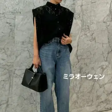 미라 오웬 레이스 어깨 턱 프렌치 슬리브 블라우스 블랙