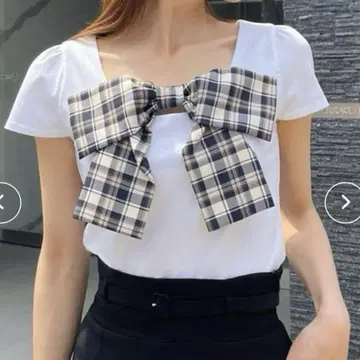 ROYAL PARTY 체크 리본 컷 탑 네이비