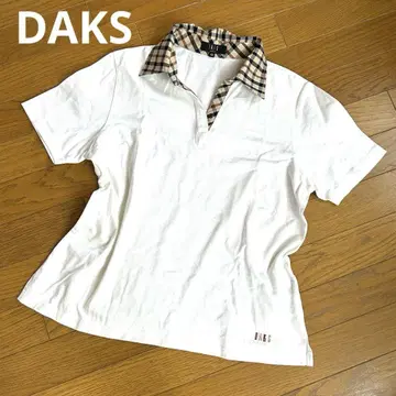 DAKS 피케 셔츠 42 체크 로고 화이트 티셔츠 화이트