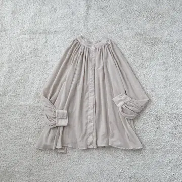 노카라 셔츠 시어 블라우스 개더 루즈한 겉옷 긴팔 티셔츠