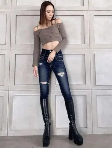 GYDA 하이 웨스트 인디고 데미지 스키니 데님 S 갸루