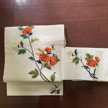 나고야 오비 명주 꽃무늬 자수