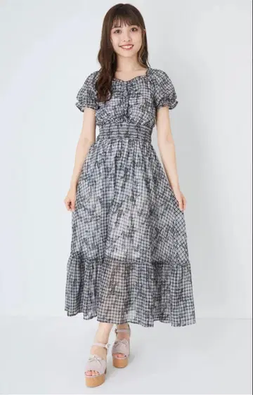 앙크루즈 시어 체크 자수 롱 OP 블랙