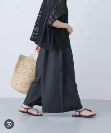 카구레 린넨 레이온 와이드 개더 팬츠