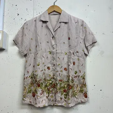 마드모아젤 논논 린넨 야채 꽃무늬 오픈 카라 반팔 셔츠 핑크 38