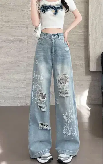 라이트 블루 와이드 레그 데님 팬츠 빈티지 그래픽 Y2K