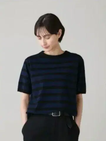 MHL 코튼 린넨 스트라이프 티셔츠 M 사이즈(네이비 블랙)