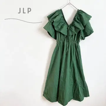 JLP V 넥 롱 원피스 반팔 플레어 볼륨 프릴