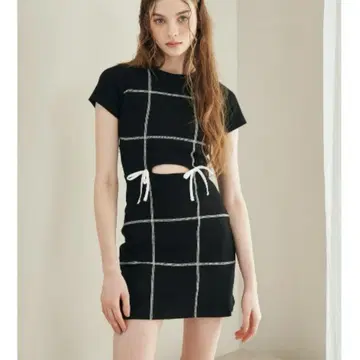 스티치 리본 리브 미니 원피스 프리 사이즈 블랙 다리치