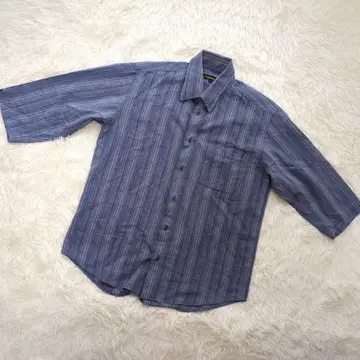 폴 미러 셔츠(M) 스트라이프 패턴 블루 썸머 린넨 혼방 신사 7부