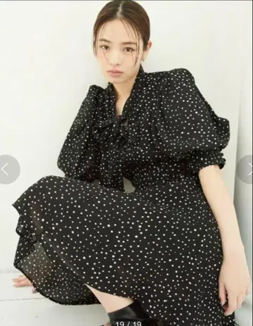 snidel 도트 프린트 보타이 리본 원피스 BLK