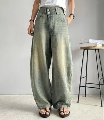 코튼 100% 아지메 허리 커브 데님 팬츠