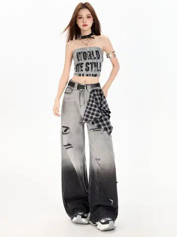 데미지 가공 와이드 레그 데님 그레이