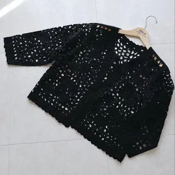 자수 꽃 무늬 블랙 노카라 자켓 겉옷 레이스 뜨개질 비침