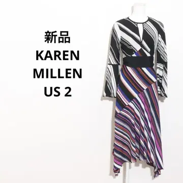 새상품 KAREN MILLEN 원피스 긴팔 롱 바이어스 보더