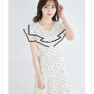 허리 리본 포함 도트 모듬 프린트 빅 칼라 플리츠 원피스