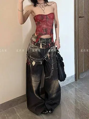 [새상품] 유니크 체인 장식 스트레이트 데님