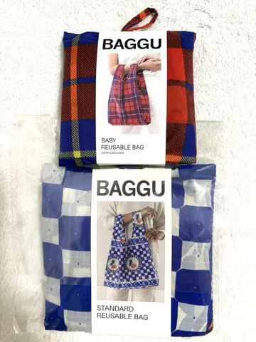 BAGGU 타일 체리 타탄 체크 레드 에코백 세트