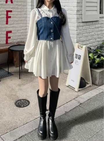 GRL 그레일 데님 뷔스티에 x 셔츠 원피스 앙상블