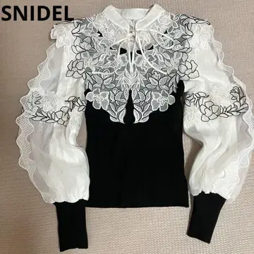 SNIDEL 스나이델 레이스 칼라 니트 풀오버 블랙 검정