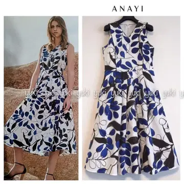 ANAYI 라인 플라워 프린트 V넥 원피스 38
