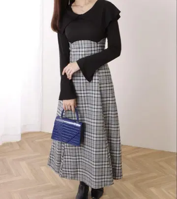 Lace Ladies 빅 칼라 체크 무늬 도킹 롱 원피스