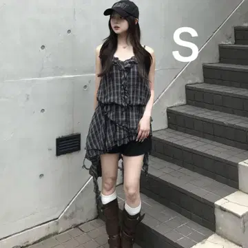 블랙 체크 프릴 아지메 미니 원피스 S 튜닉 블랙 emmy