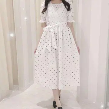 evelyn 에블린 하트 도트 원피스 반팔 롱 복각 화이트 한정판