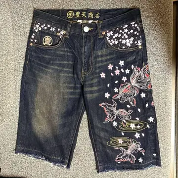 토요텐 상점 자수 일본풍 패턴 데님 팬츠 숏 팬츠 잉어 벚꽃