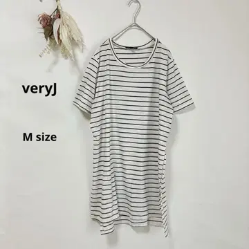 veryJ 튜닉 티셔츠 M 반팔 보더 사이드 슬릿 레이온
