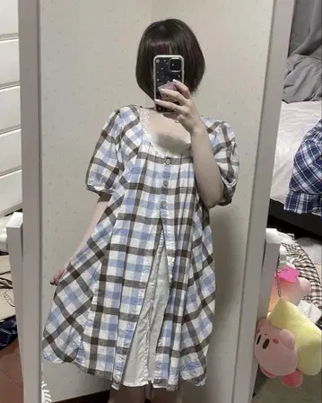 레이어드 스타일 체크 튜닉 스카이블루 레이스 탱크탑 레트로