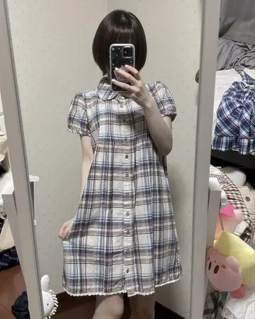 레트로 체크 셔츠 원피스 밑단 레이스
